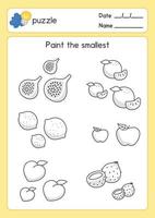 black and white coloring fruits outline about smallest size in maths subject exercises sheet kawaii doodle vector cartoon