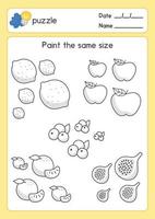 contorno de frutas para colorear en blanco y negro aproximadamente del mismo tamaño en la hoja de ejercicios de la materia de matemáticas dibujos animados de vector de garabato kawaii