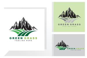 diseño de logotipo de hierba verde, ilustración de paisaje de granja, vector de paisaje natural