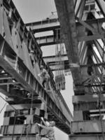 Jakarta, Indonesia on September 2022. Black and white photo of steel structure of a launcher gantry that will be used for erection precast concrete I Girder