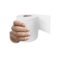 hand holding toilet paper over white background photo