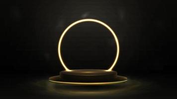 Empty gold podium with line yellow neon ring on background. 3d render. Dark abstract scene with pedestal floating in the air and neon circle frame vector