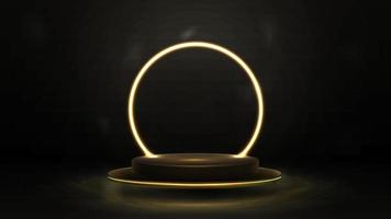 Empty gold podium with line yellow neon ring on background. 3d render. Dark abstract scene with pedestal floating in the air and neon circle frame vector