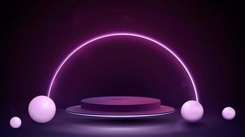 Podium with realistic spheres and neon semicircle on background. 3d dark and purple abstract scene vector