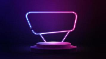 Blue and purple abstract scene with empty podium with neon pink and blue asymmetric frame vector