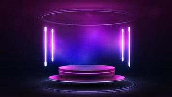 Empty podium floating in the air with line neon lamps around. Illustration with abstract scene with pink neon lamps and floating podium vector