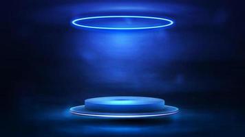 Empty blue podium floating in the air with blue neon ring lamp on the ceiling vector