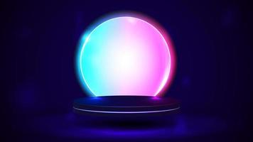 Empty blue and pink podium floating in the air with neon circle frame on background, 3d realistic vector illustration.