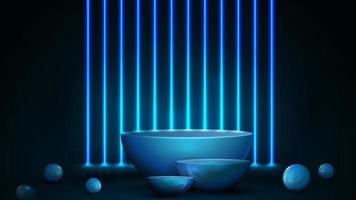 Empty blue semicircular pedestals with wall of vertical line blue neon lamps on background. vector