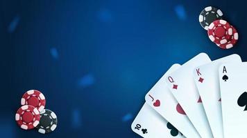 Casino playing cards and poker chips on blue background, top view vector