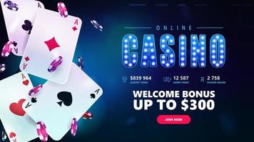 casino en línea, banner azul para sitio web con botón, bono de bienvenida, cartas de juego de casino y fichas de póquer sobre fondo azul vector