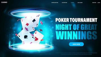 Poker tournament, dark and blue horizontal banner with button and playing cards with poker chips inside blue portal made of digital rings in dark empty scene vector