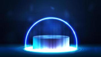 Empty blue podium with circle shine lamp on floor and blue neon frame on background. vector