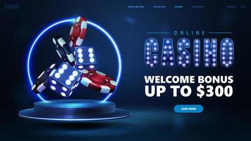 casino en línea, banner para sitio web con podio azul flotando en el aire con anillo de neón azul, dados 3d y pila de fichas de casino realista en escena oscura vector