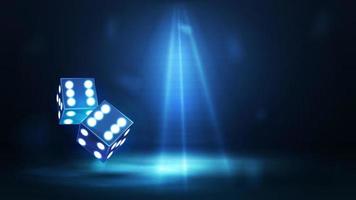 Blue neon 3D dice in dark empty scene with lighting of spotlights vector