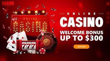 Online casino, red invitation banner for website with retro signboard, slot machine, Casino Roulette, poker chips and playing cards vector