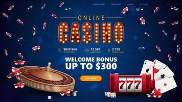 casino en línea, afiche azul con símbolo con bombillas, botón, máquina tragamonedas, ruleta de casino, fichas de póquer y cartas de juego. vector