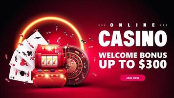 Online casino, invitation banner for website with button, slot machine, Casino Roulette, poker chips and playing cards in red scene with yellow neon ring on background. vector