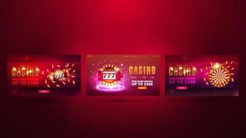 conjunto de pancartas rojas con la fortuna de la rueda del casino, máquina tragamonedas roja y fichas de póquer vector