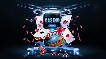 Smartphone, casino slot machine, Casino Roulette, cards and poker chips in dark scene with digital cross shaped podium with light bulbs and hologram of digital rings vector