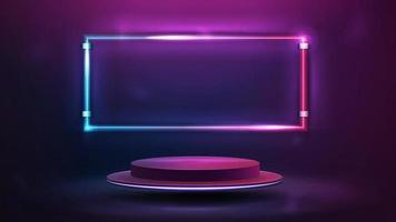 Purple abstract scene with empty podium with neon pink and blue frame on background vector