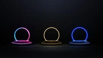 Collection of podiums with line neon round frames. 3d render. Dark abstract scene with pedestals floating in the air and neon circle frames vector