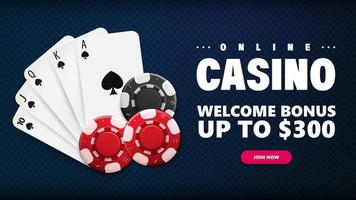 Online casino, blue invitation banner for website with welcome bonus, button, casino playing cards and poker chips on blue background, top view vector