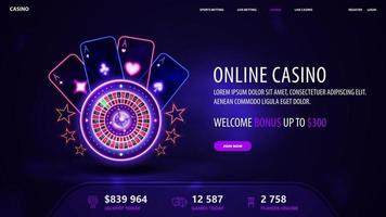 Online casino, blue invitation banner for website with welcome bonus, button and pink shine neon Casino Roulette wheel with playing cards in dark empty scene vector