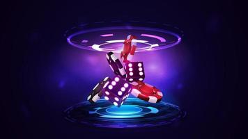 Purple neon 3D dice with red and black realistic gambling stack of casino chips inside pink and blue hologram of digital rings in dark empty scene vector