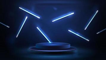 Round dark podium for product presentation with line random flying lamps around, 3d realistic vector illustration. Blue and dark digital scene