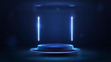 Empty blue podium floating in the air with blue flying line lamps around, 3d realistic vector illustration.