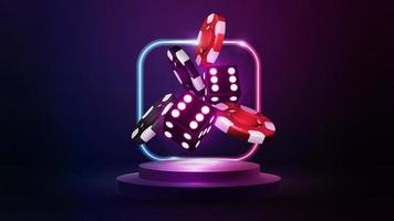 Podium with dice with red and black realistic gambling stack of casino chips and gradient neon square frame in dark empty scene. vector