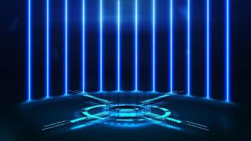 Blue digital hologram of podium with digital rings and cross in dark room with wall of line vertical neon lamps on background. vector