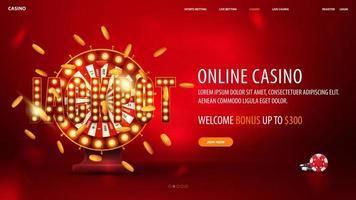 Red banner with shining red Casino Wheel Fortune with falling gold coins on a bright red background. vector