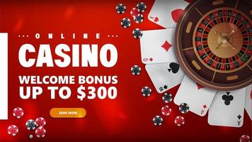 casino en línea, banner rojo para sitio web con botón, bono de bienvenida, ruleta de casino con fichas de póquer y naipes, vista superior. vector