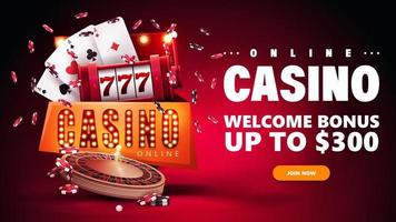 Online casino, red banner with button, slot machine, Casino Roulette, poker chips and playing cards vector