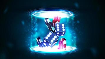 Blue neon 3D dice with red and black realistic gambling stack of casino chips inside blue portal made of digital rings in dark empty scene vector