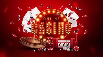 Online casino, red poster with retro signboard, slot machine, Casino Roulette, poker chips and playing cards vector