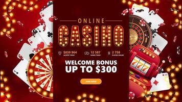 Online casino, red banner with button, slot machine, Casino Wheel Fortune, Roulette, falling poker chips, garland frame and playing cards. vector