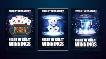 Poker tournament, set of invitation posters with casino elements. Posters with digital 3D podium with poker cup, Casino poker table, playing cards and poker chips inside blue portal vector