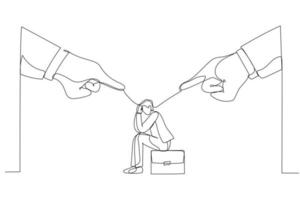 Illustration of giant boss hands pointing and blaming at depressed businessman employee. Metaphor for toxic work, abuse or bullying colleagues. One continuous line art style vector
