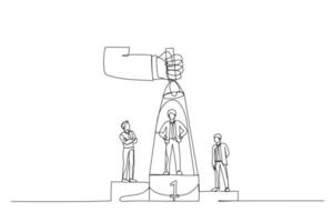 Cartoon of businessman on podium, one among them being flash lighted by big hand from top using flashlight. Single continuous line art style vector