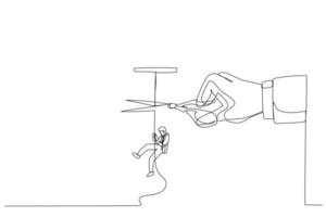 Drawing of businessman climbing on rope meanwhile a giant hand with scissors cutting the rope. One line style art vector