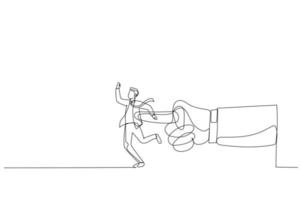 Cartoon of giant hand pushing businessman. Metaphor for giving the push at work. Continuous line art style vector