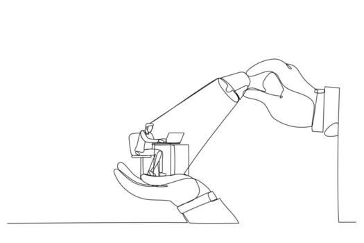 Illustration of big hands holding businessman and lighting on the top, metaphor for control, support and coordination. One continuous line art style vector