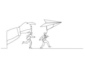 Cartoon of businessman run to paper plan. Metaphor for follow instruction. Continuous line art style vector