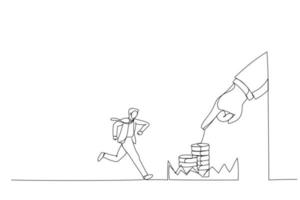 Drawing of businessman running to catch the coin money in the steel bear trap. Metaphor for greed, financial risk and bad decision. Single continuous line art vector