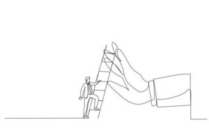 14 de septiembre de 2022 ilustración de un ambicioso hombre de negocios a punto de subir una escalera para superar una mano gigante que lo detiene. metáfora para superar obstáculos, barreras o dificultades comerciales. estilo de arte de una línea vector