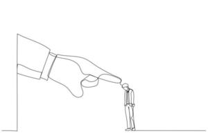 Drawing of giant hand angry points a finger at businessman employee. Metaphor for job reduction or dismissal. Single line art style vector