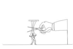 Illustration of giant hand with scissors cutting the strings attached to businessman. Metaphor for freedom, independent, liberation. One line art style vector